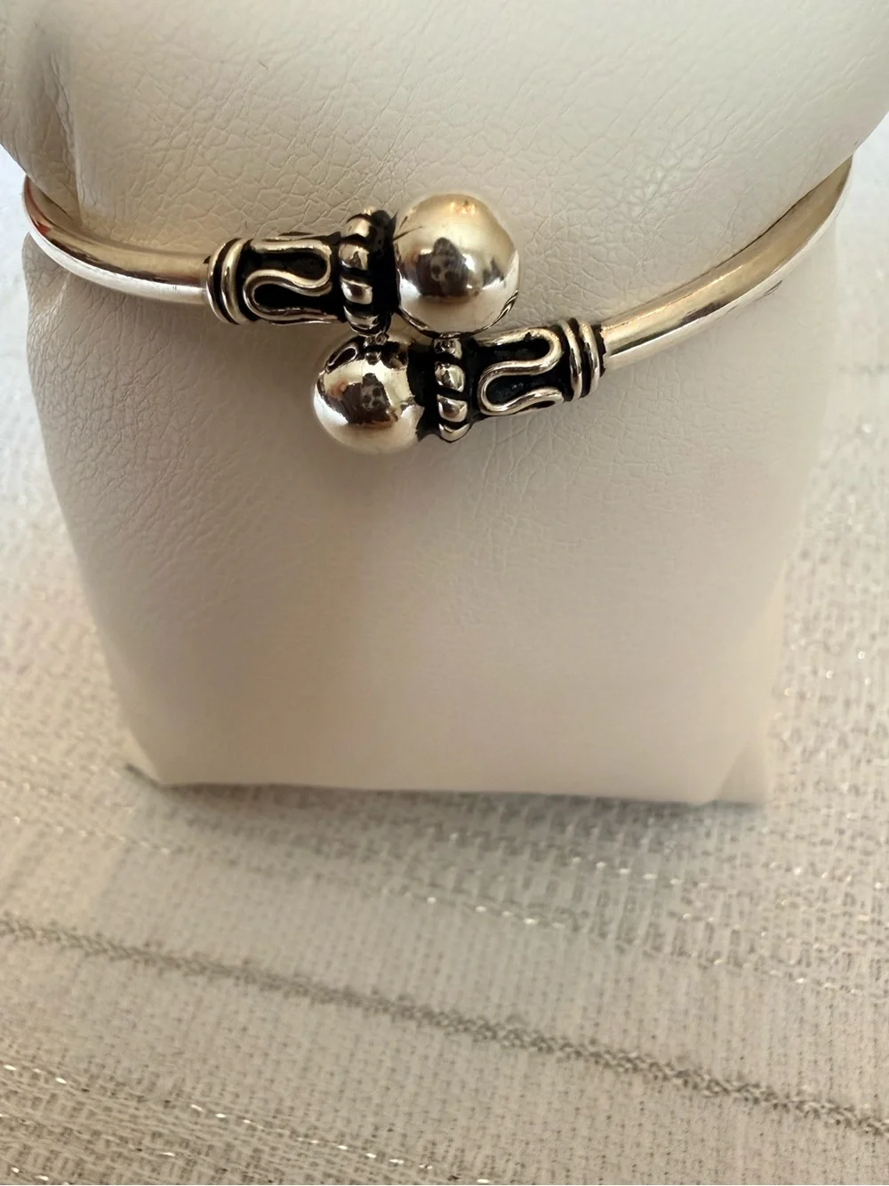 Sterling Silver 950 Hinged Bangle Bracelet with Decorative Bead Accents